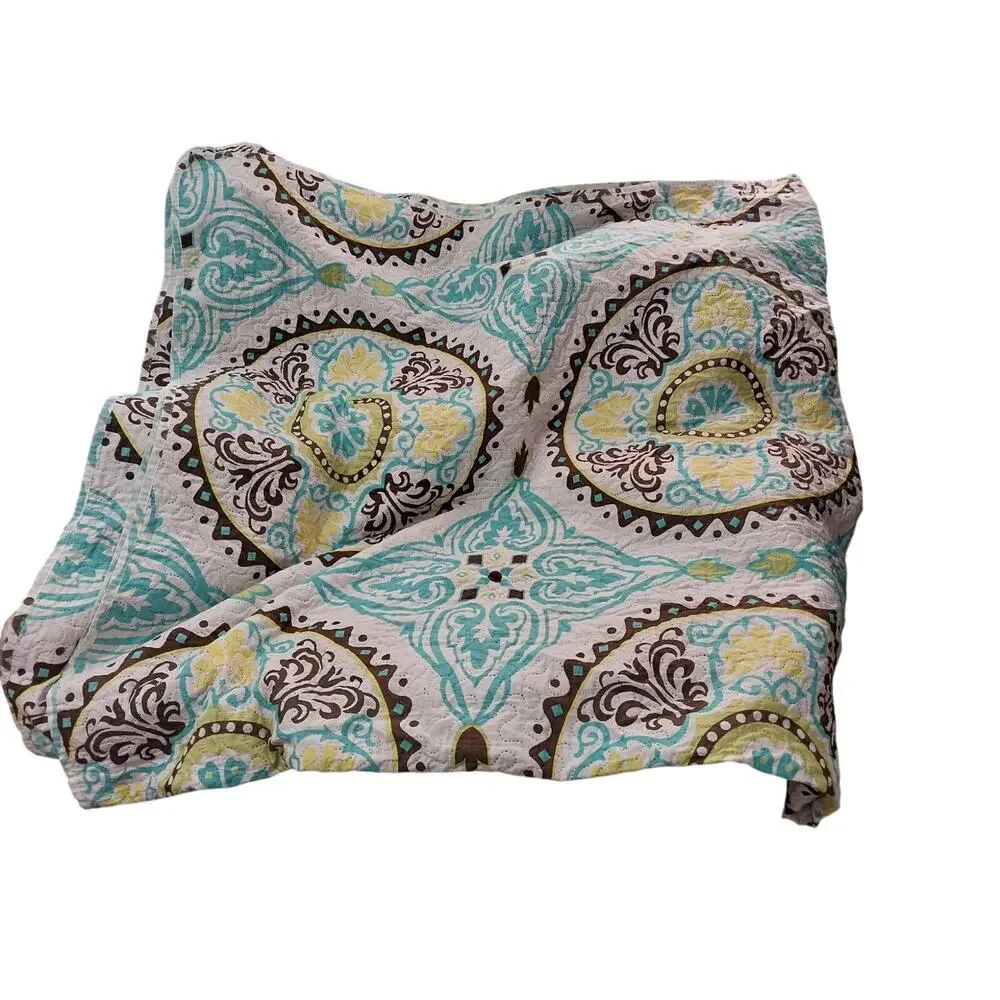 SPIRIT LINEN! WHITE W/YELLOW, AQUA & BROWN MANDALA QUILT & 2 SHAMS! SZ QN
